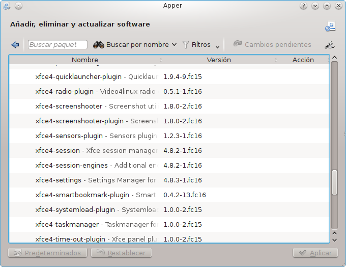 Listado de software bajo categoría Entornos de escritorio Xfce en apper
