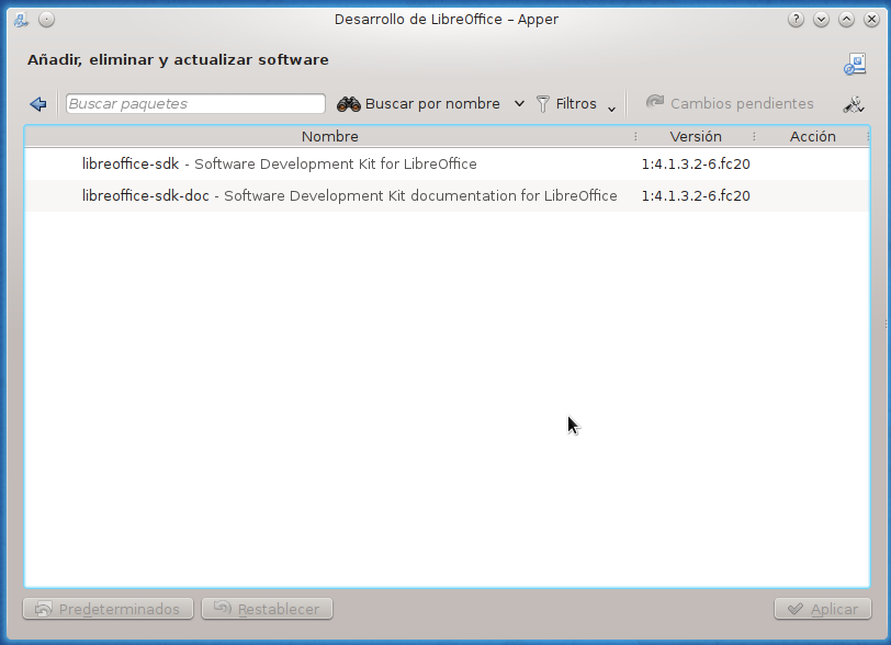 Listado de paquetes bajo categoría Desarrollo de LibreOffice
