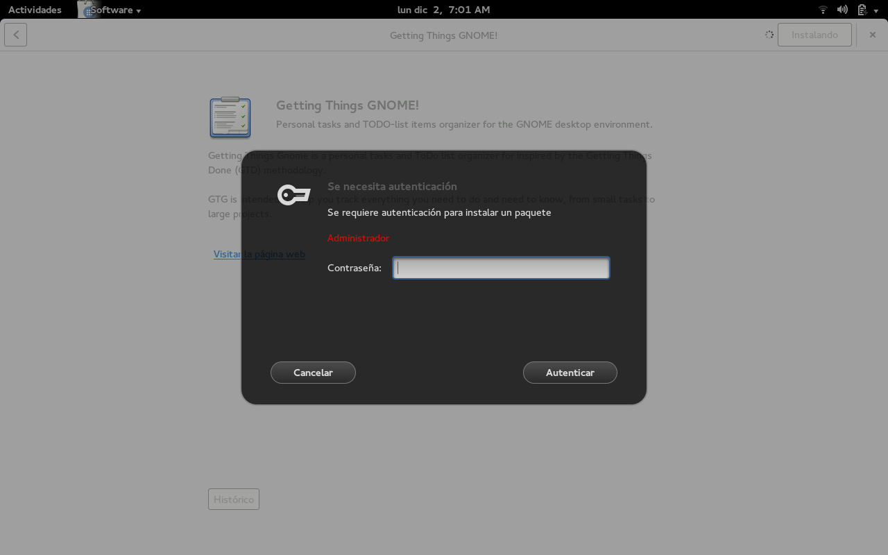 Pantallazo de gnome-software pidiendo credenciales de root durante la instalación de una aplicación