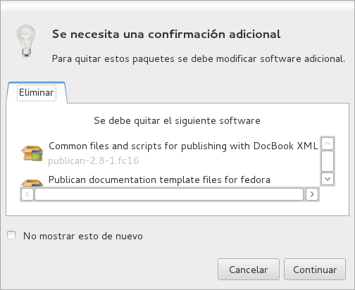 Pantallazo de gpk-application notificación dependencias al desinstalar