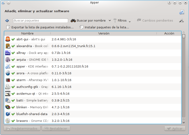 Lista del software instalado en apper