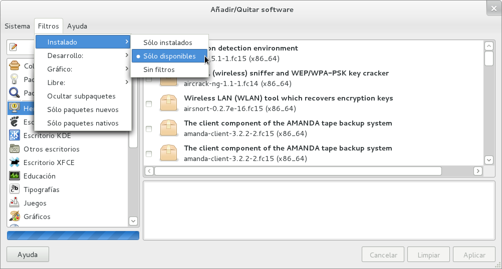 Pantallazo de gpk-application filtro instalado