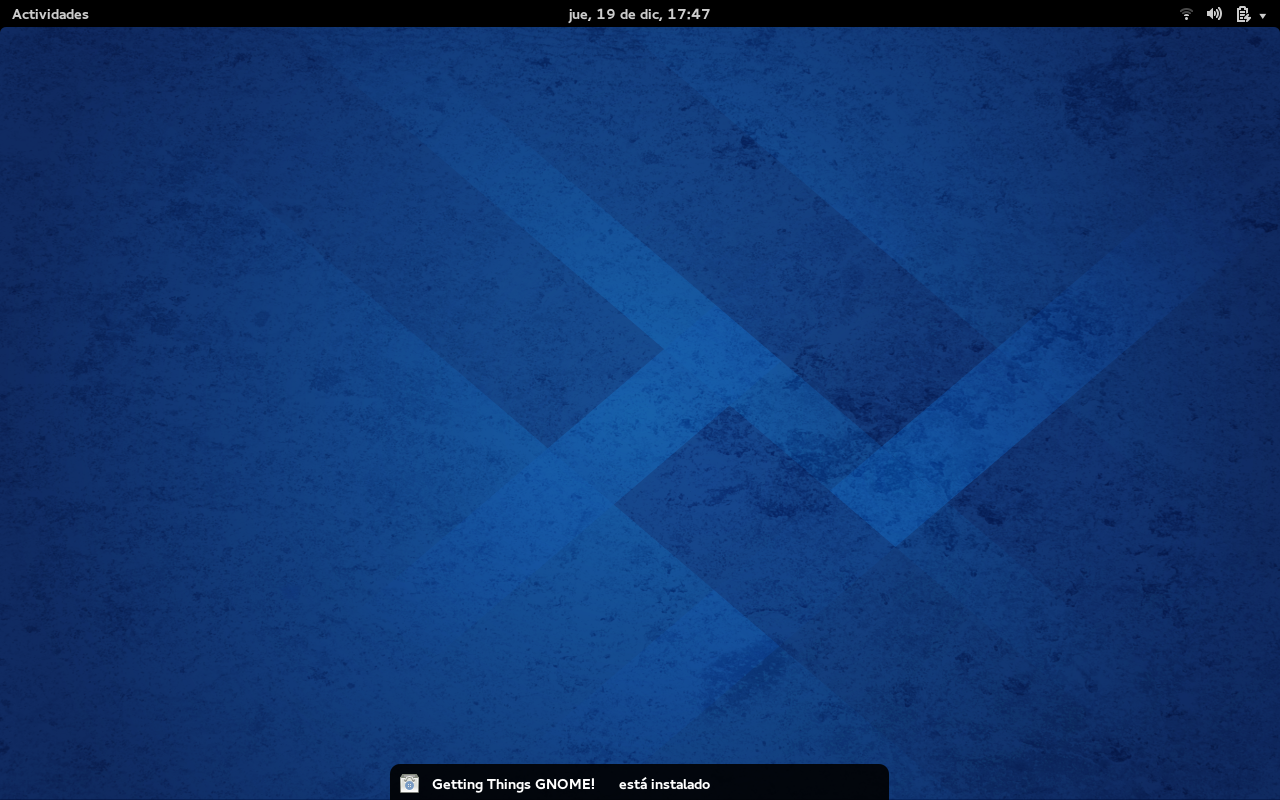 Pantallazo del escritorio GNOME notificando el éxito al instalar aplicación