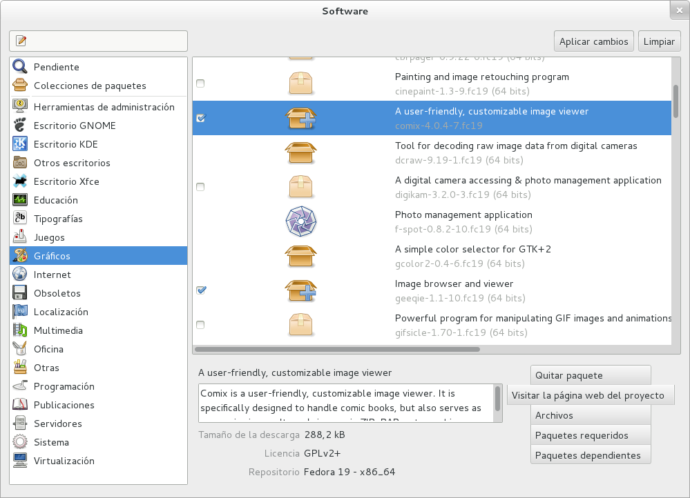 Pantallazo de gpk-application marcados para instalar