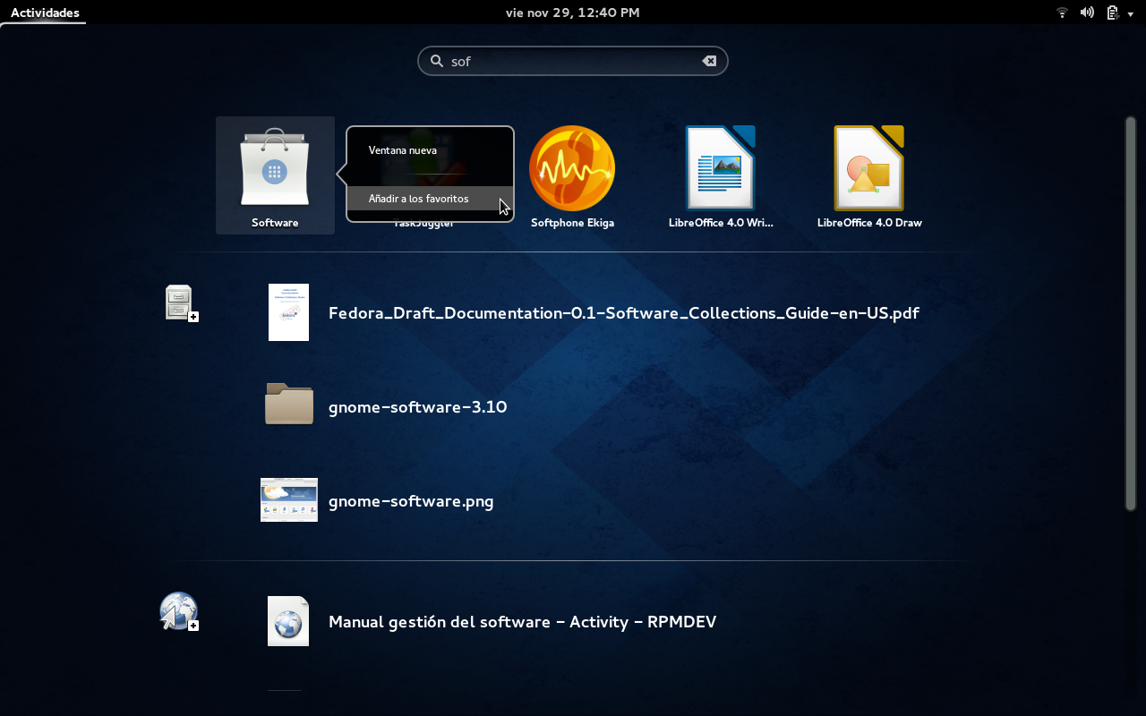 Pantallazo de GNOME3 buscando por "sof", de añadir.