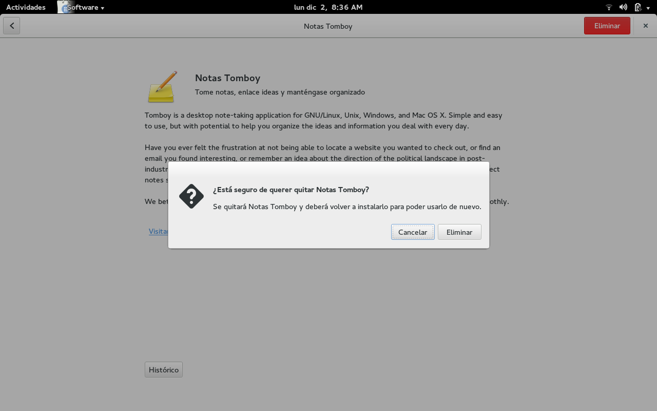 Pantallazo de gnome-software pidiendo confirmación para remover aplicación