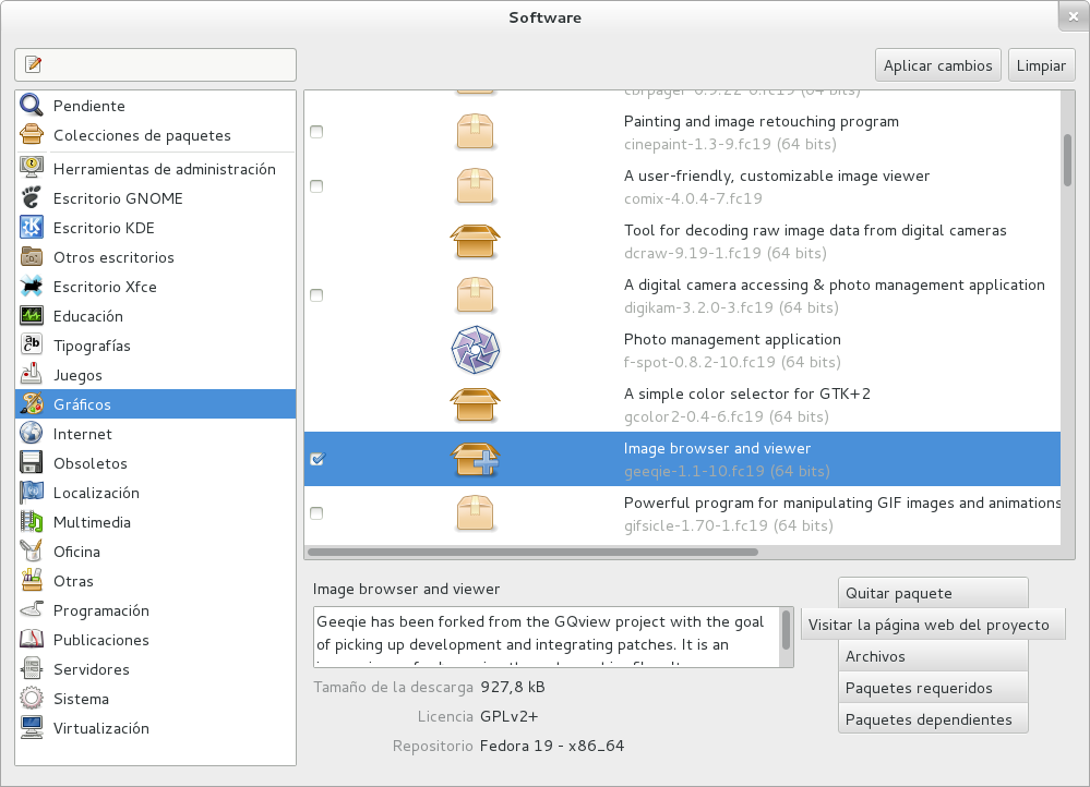 Pantallazo de gpk-application marcado para instalar